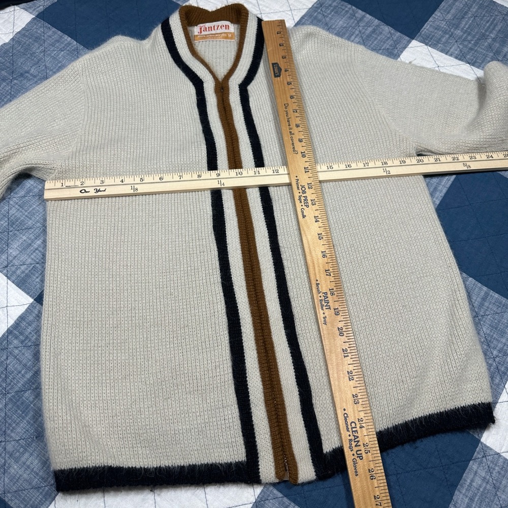 Vintage Jantzen Mens Full Zip Cardigan Sweater Cream Striped Orion Acrylic M - Picture 5 of 6